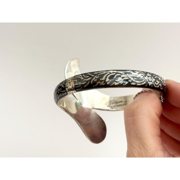 Siam Sterling Silver Bypass Style Hinged Nielloware Thai Made Vintage Bracelet - Picture 5 of 16